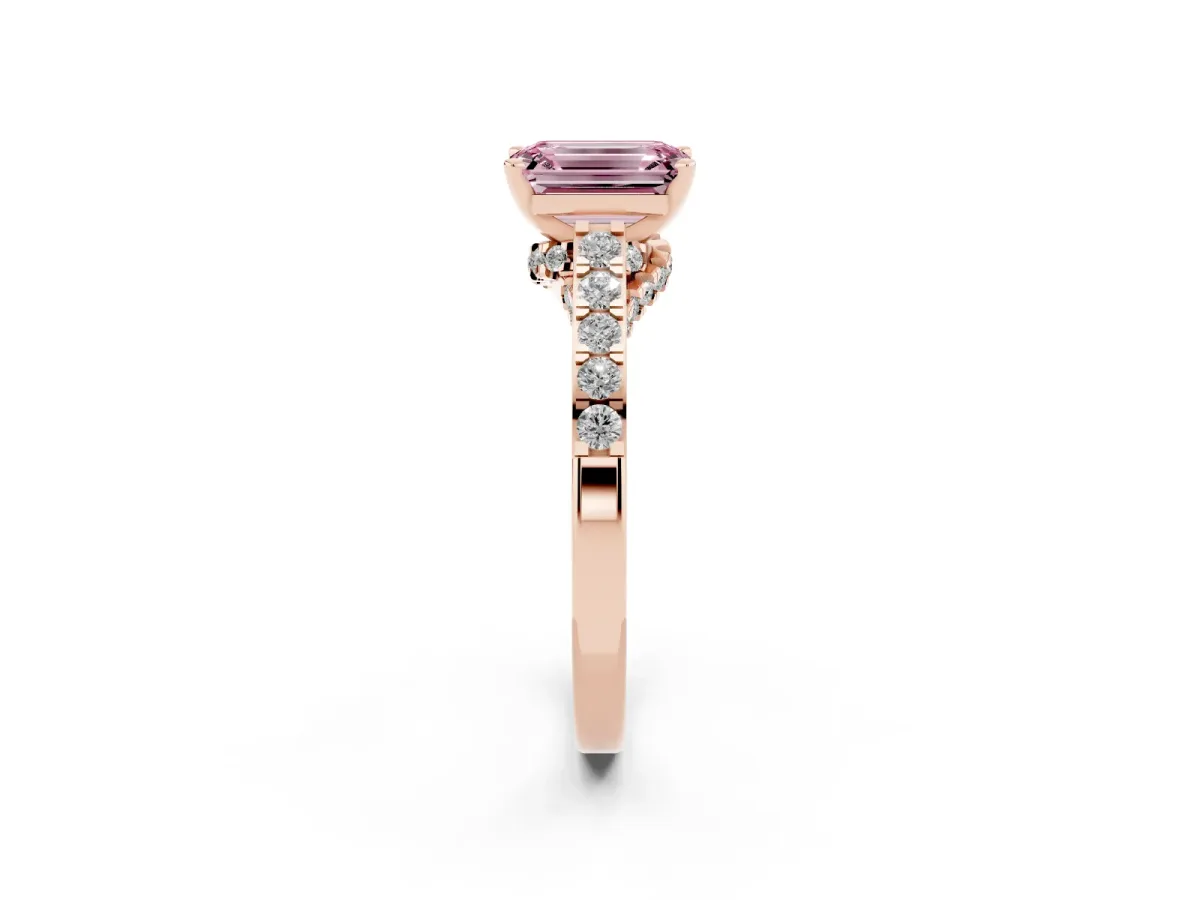 Fancy Pink Emerald Cut Diamond Solitaire Ring with Crossover Gallery and Round Pavé Band Rose gold