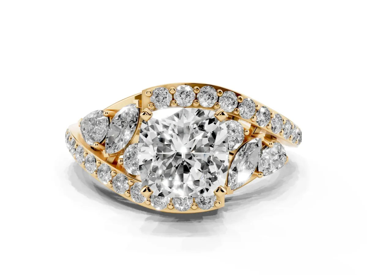 Cushion Cut Diamond Halo Ring with Marquise and Pavé Band in Prong Setting Yellow gold