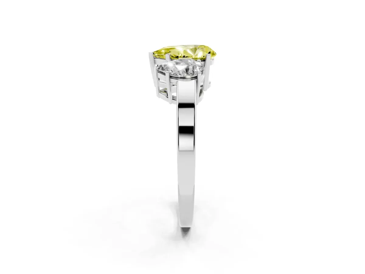 Fancy Yellow Three-Stone Pear Cut Cut Diamond Engagement Ring with Flat Band and Four-Prong Setting Silver