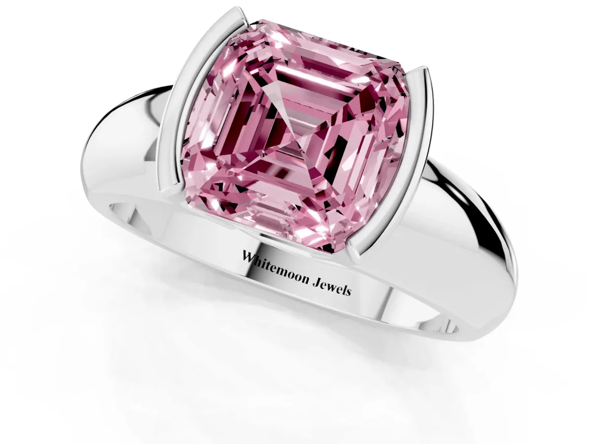 Fancy Pink Asscher Cut Solitaire Tension Set Diamond Ring with Wide Band Silver
