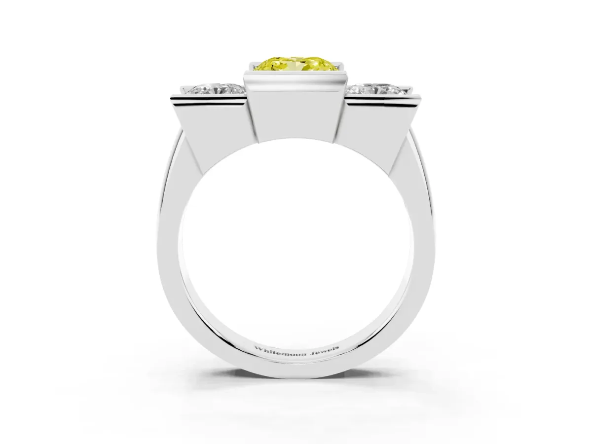 Fancy Yellow Three Stone Cushion Cut Cut Channel Set Diamond Ring Silver