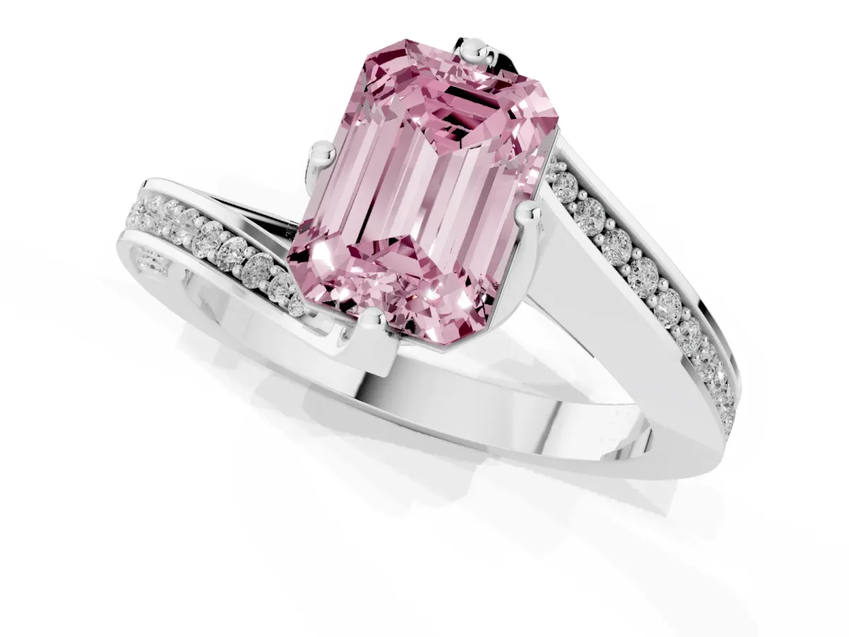 Fancy Pink Emerald Cut Solitaire Diamond Twist Band with Pavé Setting and Four-Prong Setting Silver