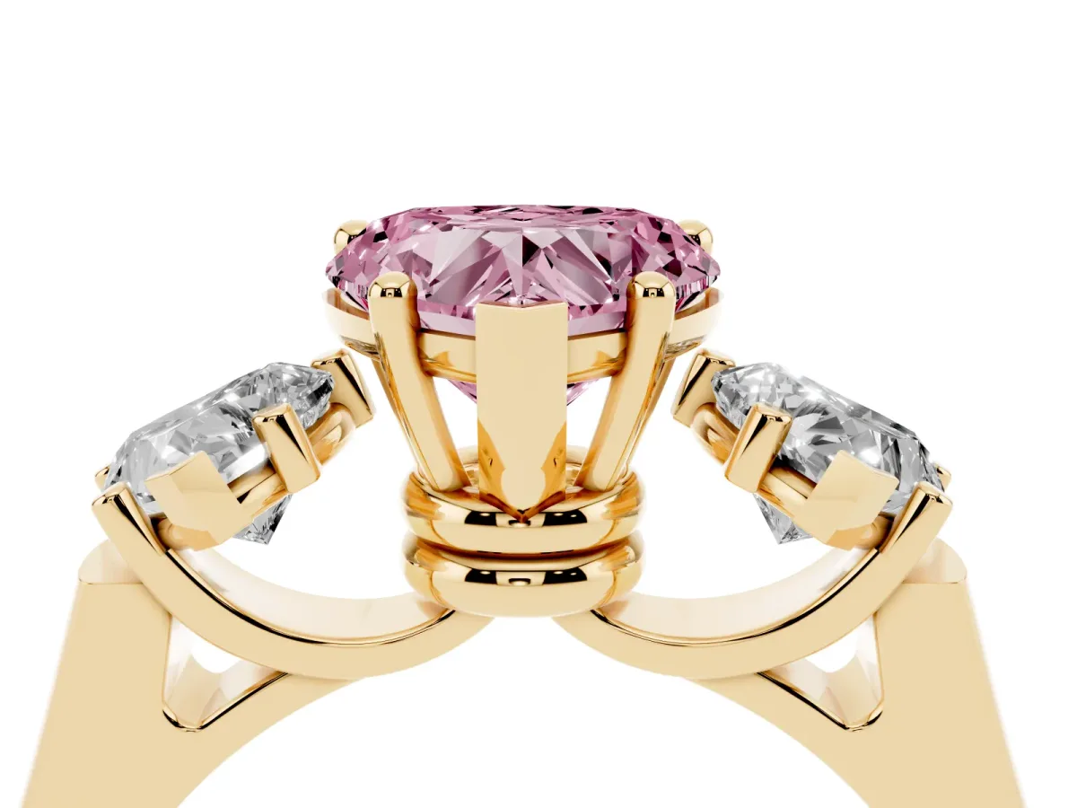 Fancy Pink Three-Stone Heart Cut Brilliant Diamond Trellis Ring with Comfort Fit Band Yellow gold