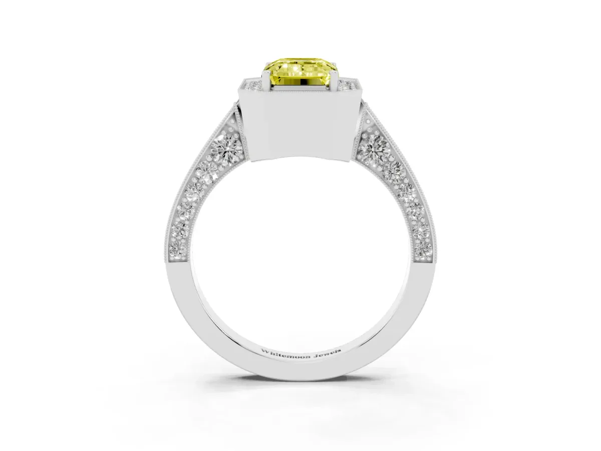 Fancy Yellow Emerald Cut Halo Diamond Engagement Ring with Split Shank Band and Four-Prong Setting Silver