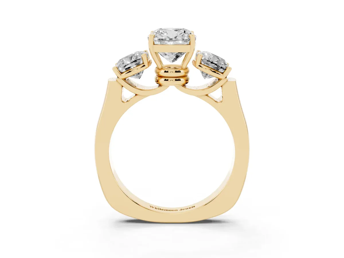 Three-Stone Cushion Cut Brilliant Diamond Trellis Ring with Comfort Fit Band Yellow gold