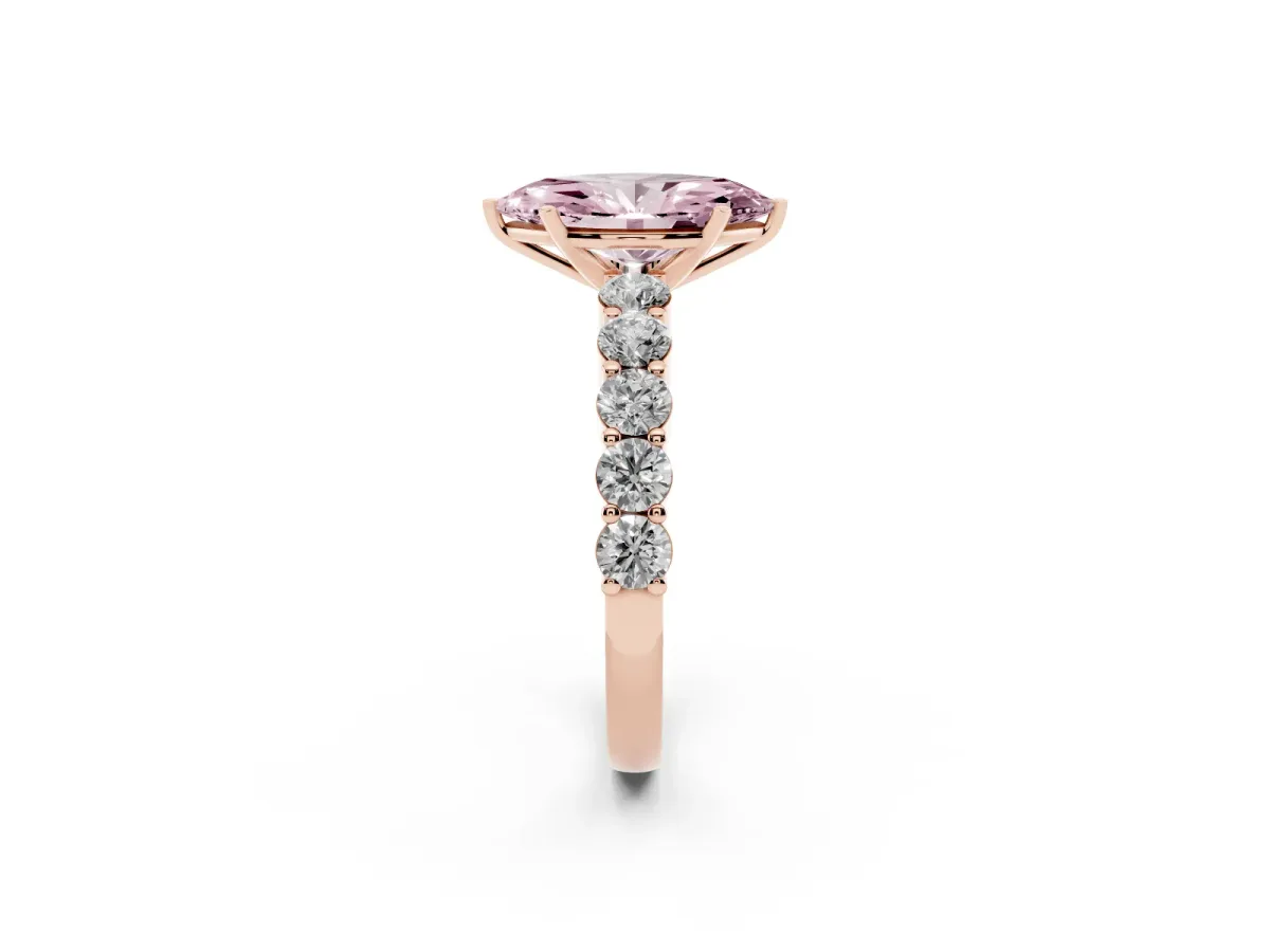 Fancy Pink Marquise Cut Diamond Solitaire Ring with Shared Prong Round Side Stones Rose gold