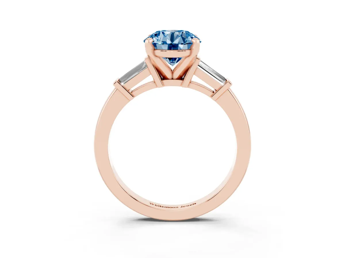 Fancy Blue Round Cut Cut Diamond Solitaire Ring with Tapered Baguette Accents and Four-Prong Setting Rose gold