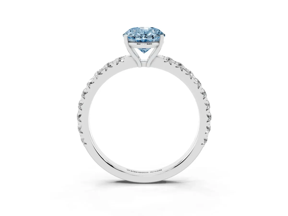 Fancy Blue Oval Cut Diamond Pavé Solitaire Engagement Ring with Four-Prong Setting Platinum