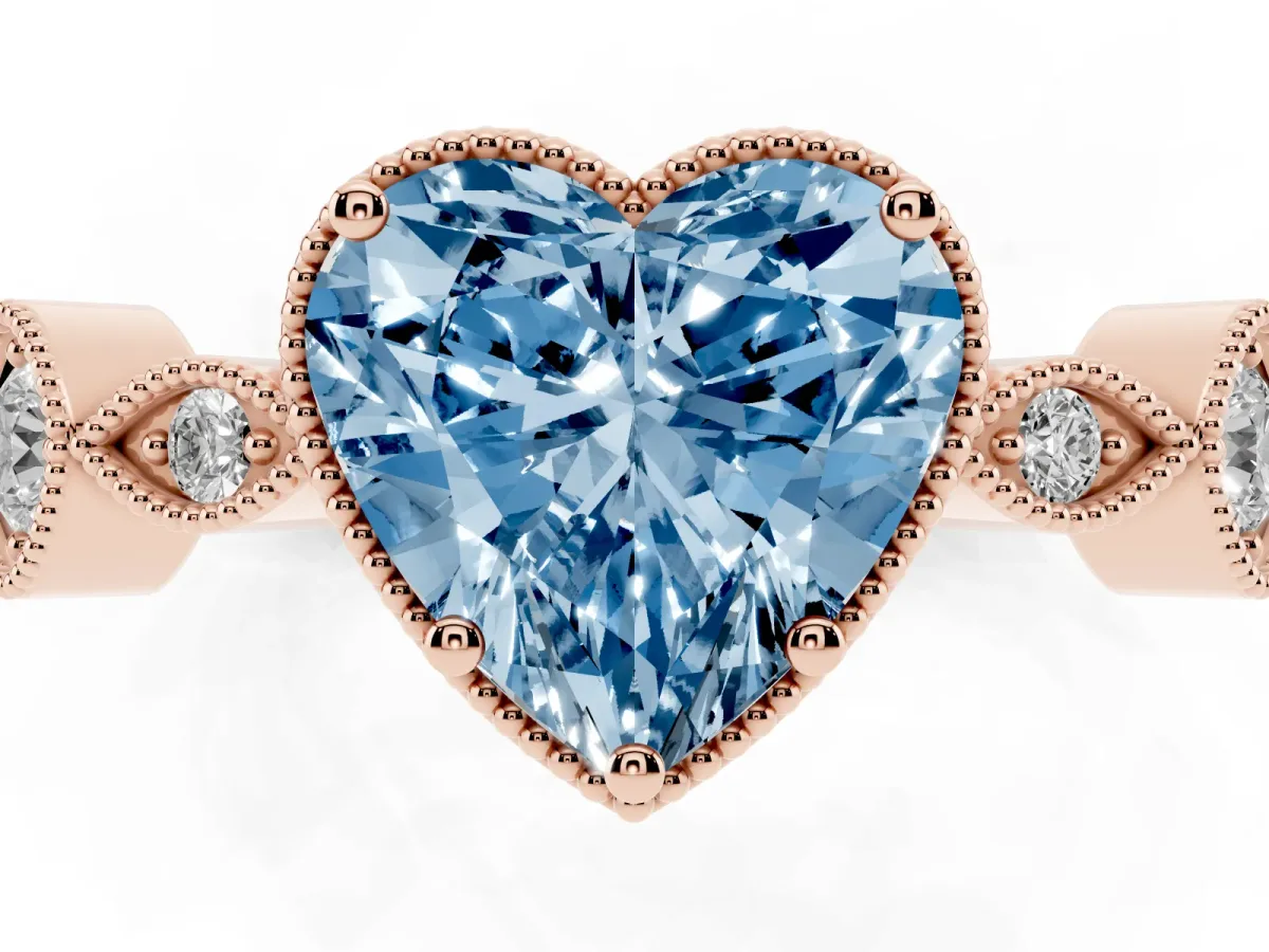Fancy Blue Heart Cut Diamond Vintage Milgrain Ring with Round Stations Rose gold