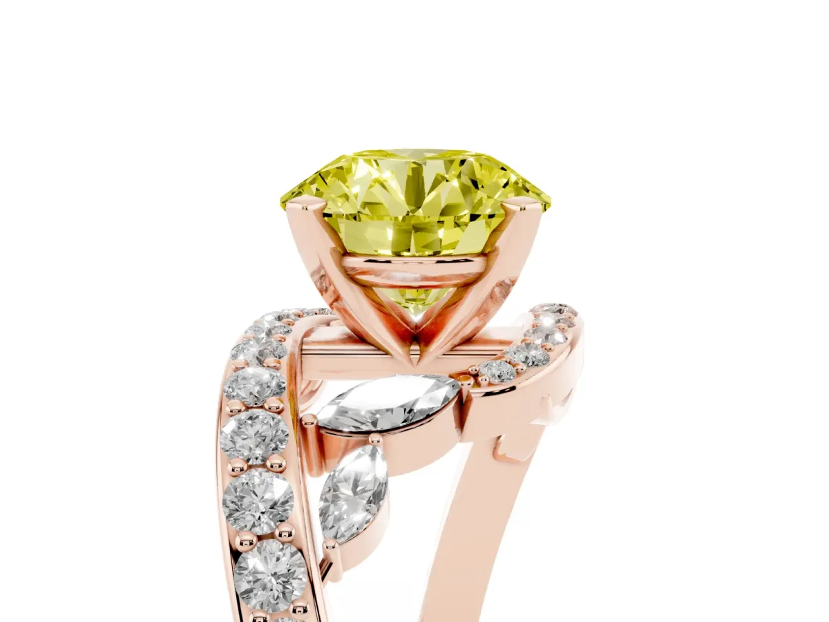 Fancy Yellow Round Cut Solitaire with Pavé Twist Band and Four-Prong Setting Rose gold