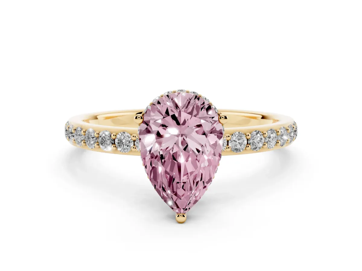 Fancy Pink Pear Cut Diamond Solitaire Ring with Pavé Band and Hidden Halo Yellow gold