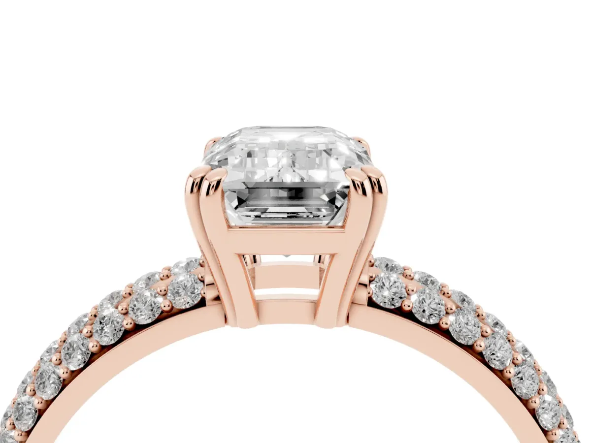 Emerald Cut Diamond Solitaire Ring with Multi-Row Round Pavé Band and Prong Setting Rose gold