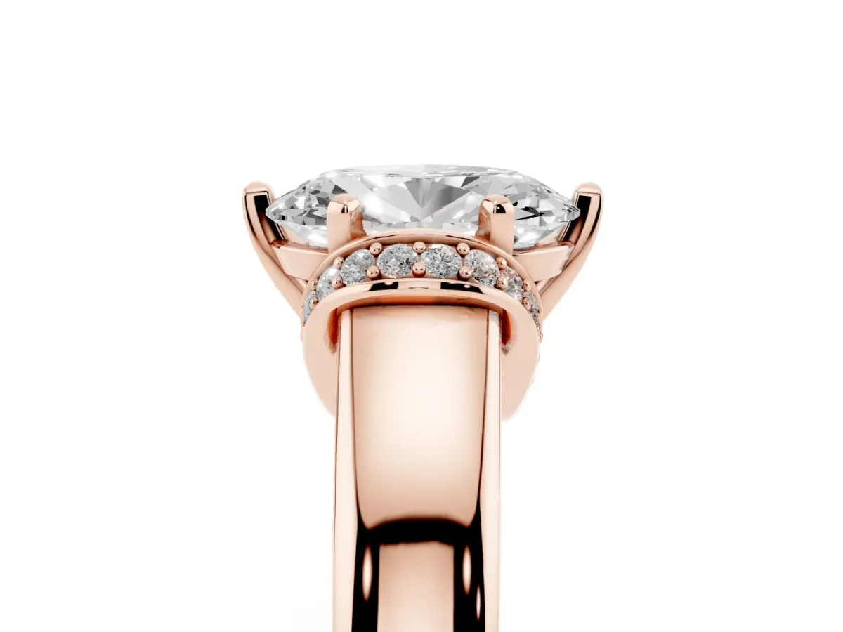 Oval Cut Solitaire Diamond Ring with Pave Band and Six-Prong Setting Rose gold