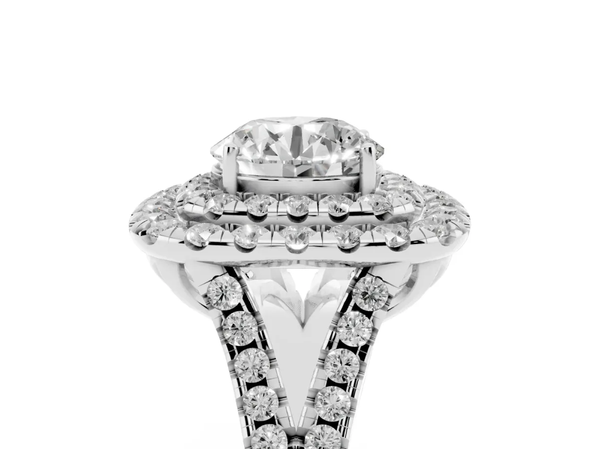 Double Halo Round Cut Diamond Pavé Split Shank Ring with Prong Setting Silver
