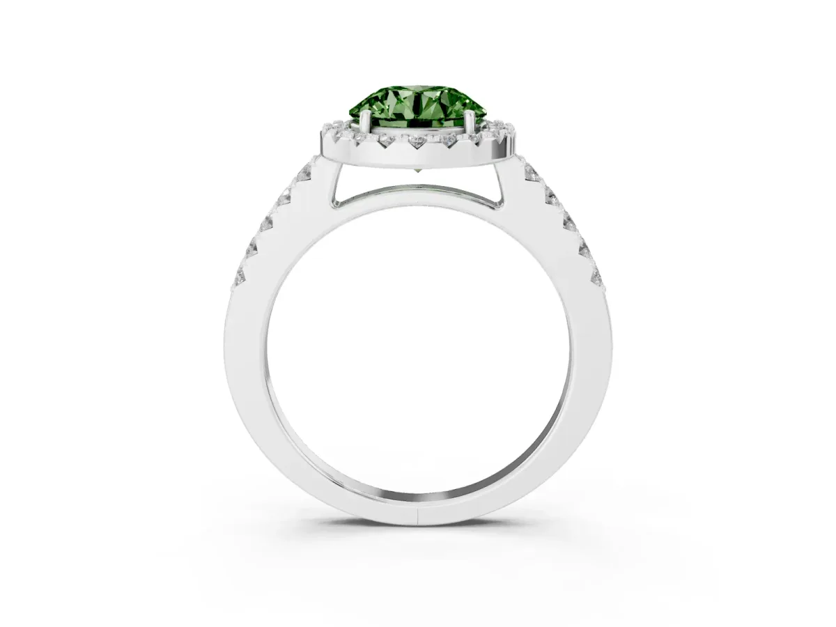 Fancy Green Round Cut Halo Diamond Pavé Solitaire Ring Silver