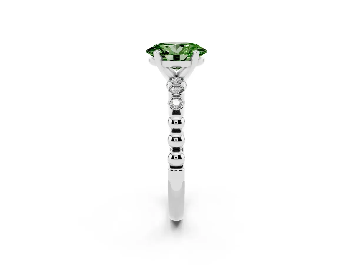 Fancy Green Oval Cut Solitaire Bezel Accent Diamond Engagement Ring with Beaded Band and Four-Prong Setting Silver