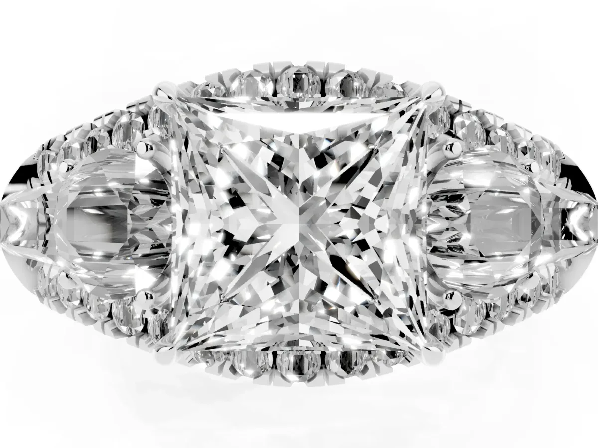 Three-Stone Princess Cut Diamond Engagement Ring with Pave Band and Prong Setting Silver