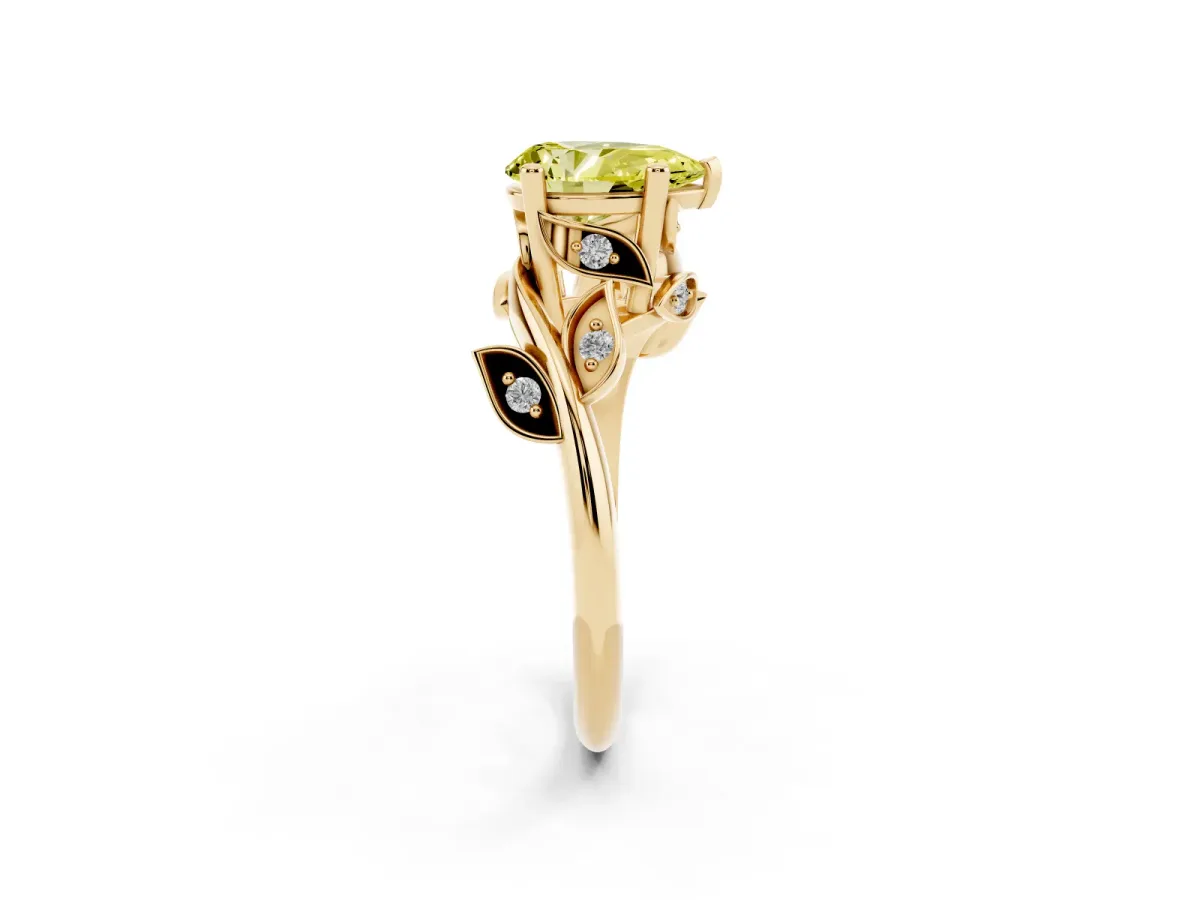 Fancy Yellow Pear Cut Solitaire Twist Engagement Ring with Leaf Accents and Prong Setting Yellow gold