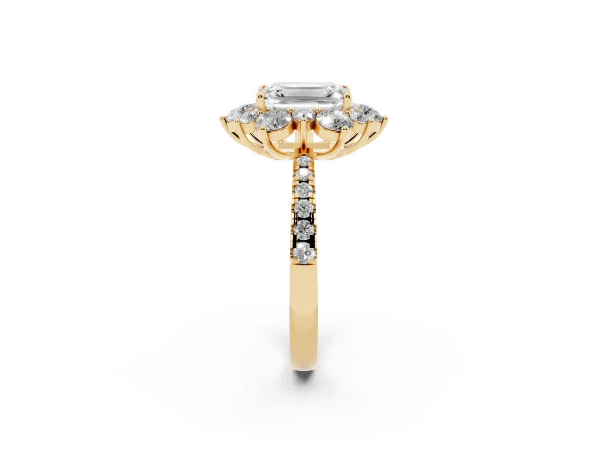 Emerald Cut Diamond Floral Halo Ring with Round Pavé Band and Prong Setting Yellow gold