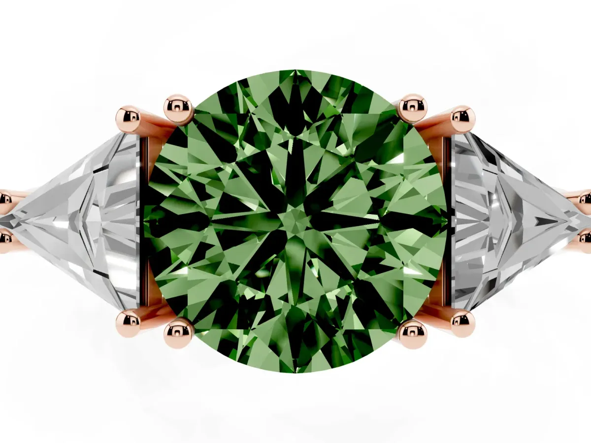 Fancy Green Three-Stone Round Cut Diamond Engagement Ring with Trillion Side Stones and Prong Setting Rose gold
