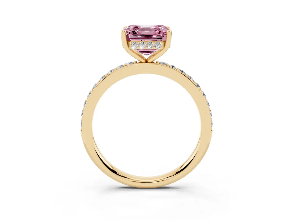 Fancy Pink Asscher Cut Cut Diamond Pavé Band Ring with Four-Prong Setting Yellow gold