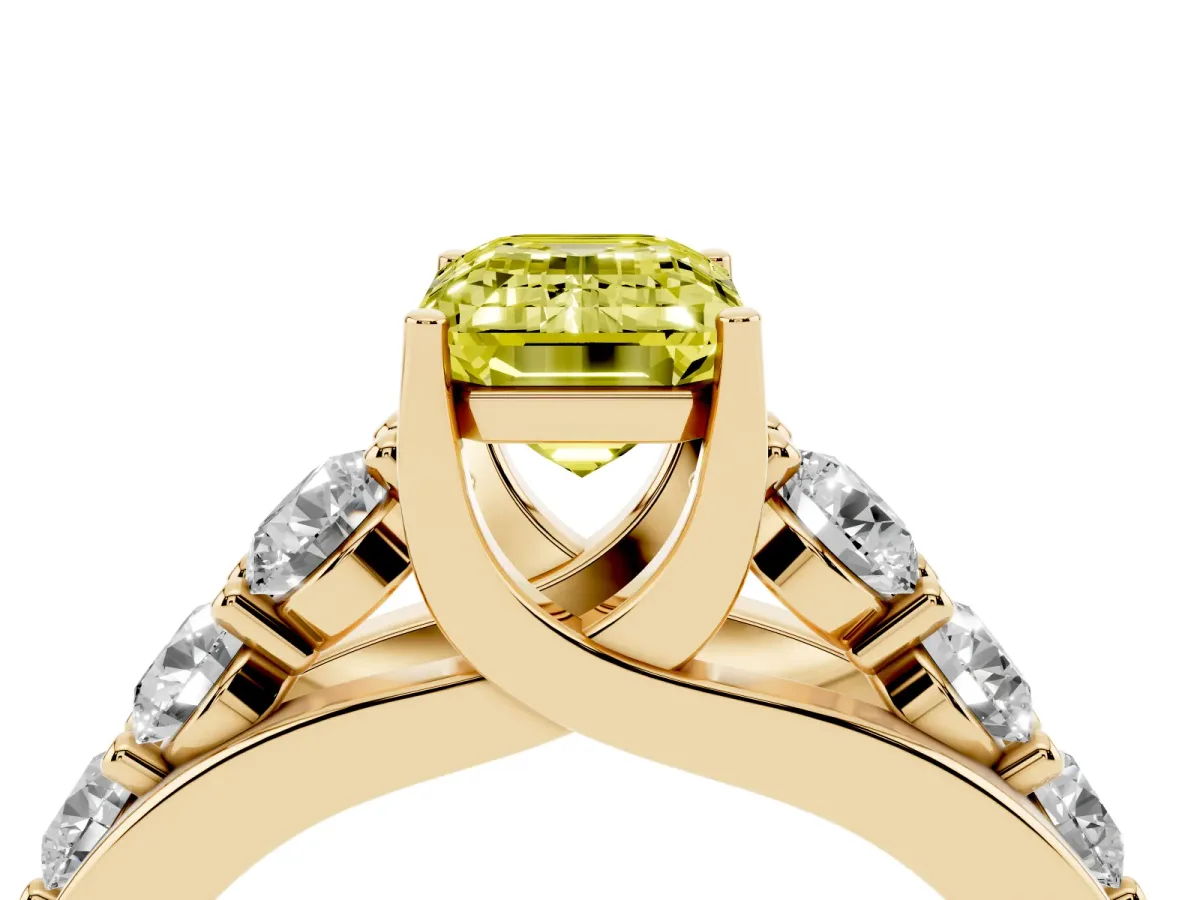 Fancy Yellow Emerald Cut Diamond Engagement Ring with Pavé Band and Four-Prong Setting Yellow gold