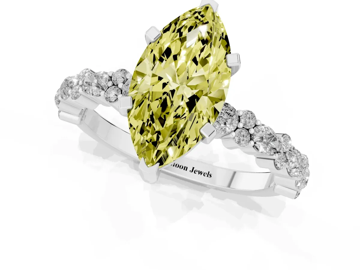 Fancy Yellow Marquise Cut Diamond Side Stone Solitaire Ring with Round and Four-Prong Setting Silver