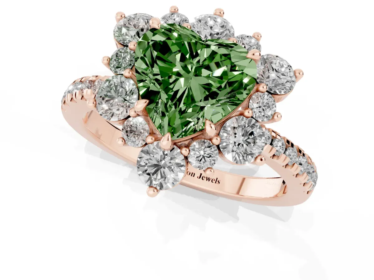Fancy Green Heart Cut Diamond Floral Halo Ring with Round Pavé Band and Prong Setting Rose gold