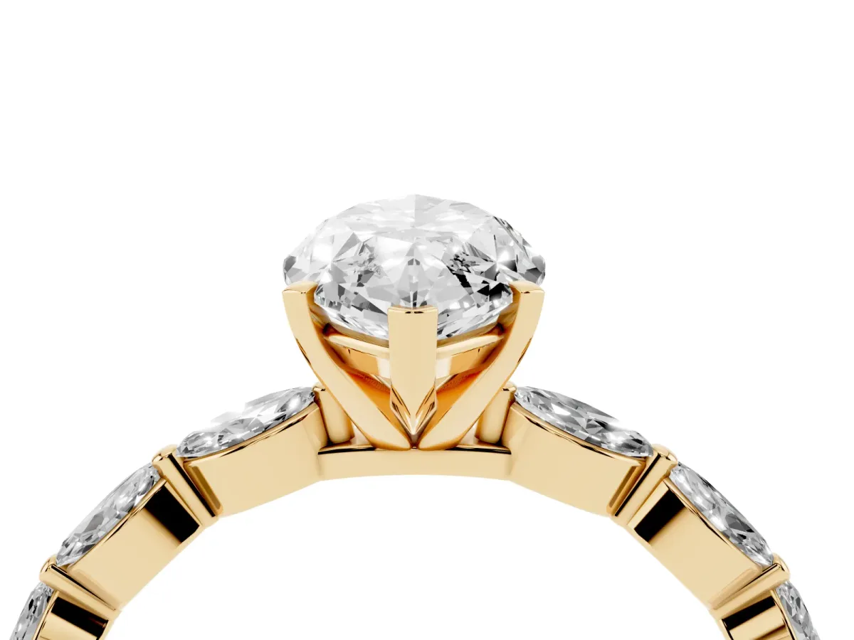 Marquise Cut Diamond Ring with Marquise Side Stones and Prong Setting Yellow gold