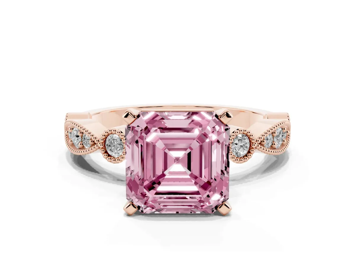 Fancy Pink Asscher Cut Milgrain Bezel Diamond Engagement Ring with Solitaire Prong Setting Rose gold