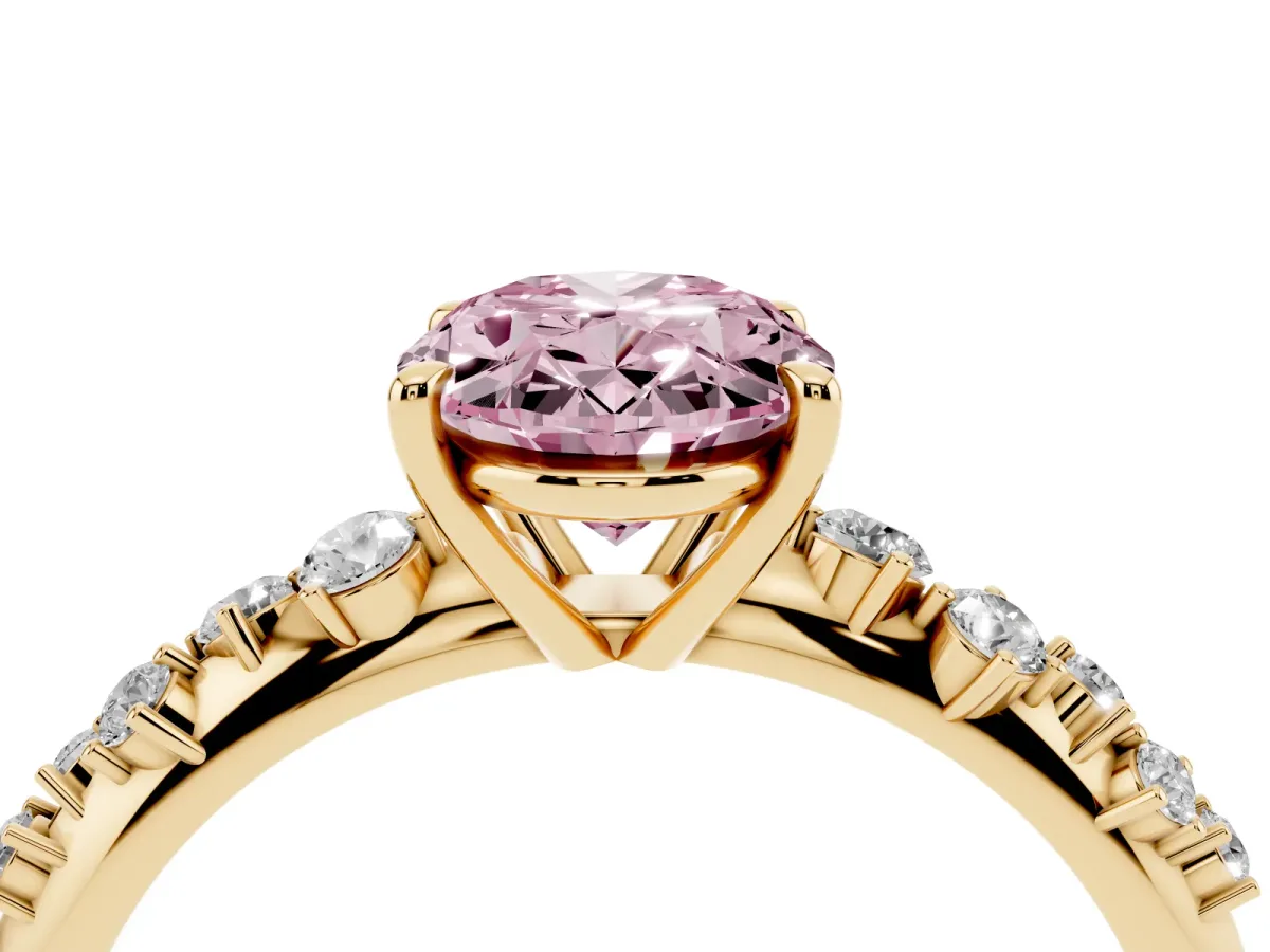 Fancy Pink Oval Cut Diamond Cluster Side Stone Solitaire Ring with Prong Setting Yellow gold