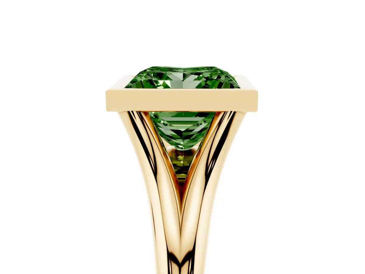 Fancy Green Bezel Set Princess Cut Cut Solitaire Ring with Tapered Band Yellow gold