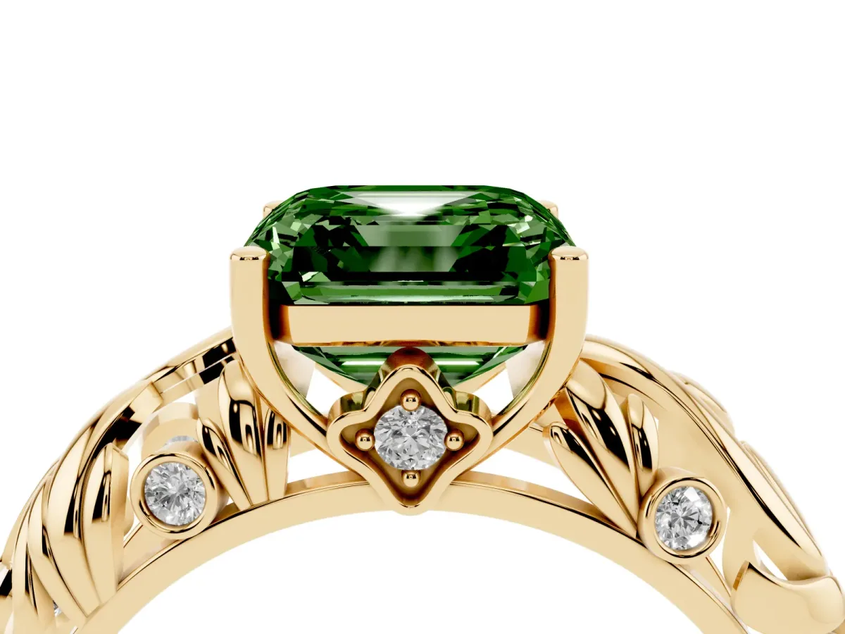 Fancy Green Asscher Cut Solitaire Diamond Leaf-Inspired Vine Band Ring with Prong Setting Yellow gold