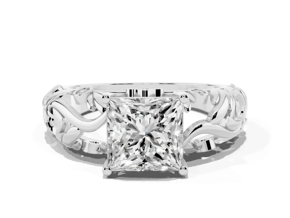 Princess Cut Solitaire Diamond Leaf-Inspired Vine Band Ring with Prong Setting Silver