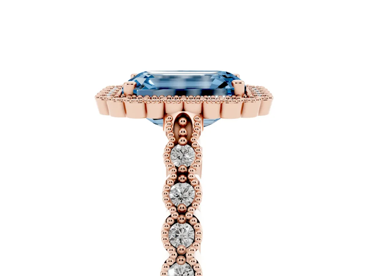 Fancy Blue Emerald Cut Cut Halo Pavé Solitaire Ring with Milgrain Band Rose gold