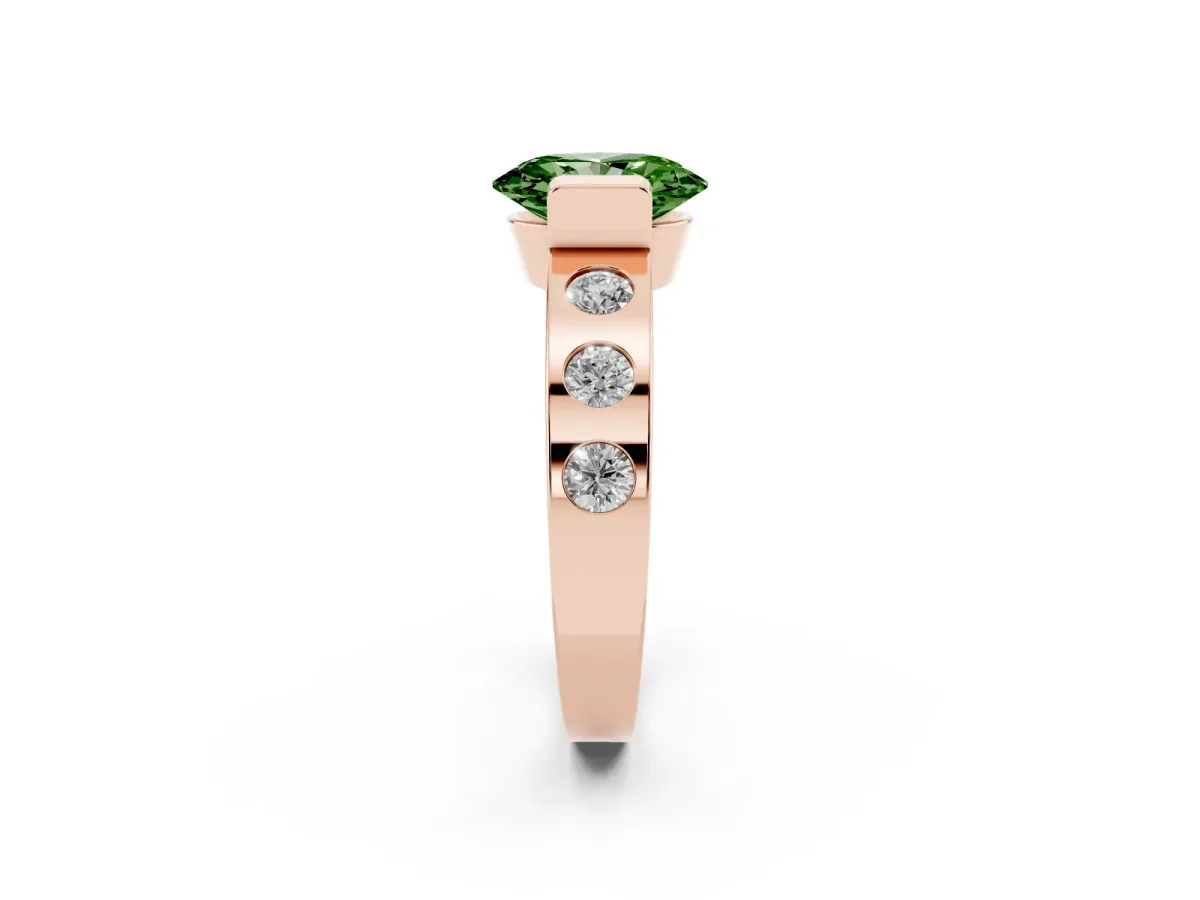 Fancy Green Oval Cut Brilliant Channel-Set Diamond Ring with Bezel Prong Setting Rose gold