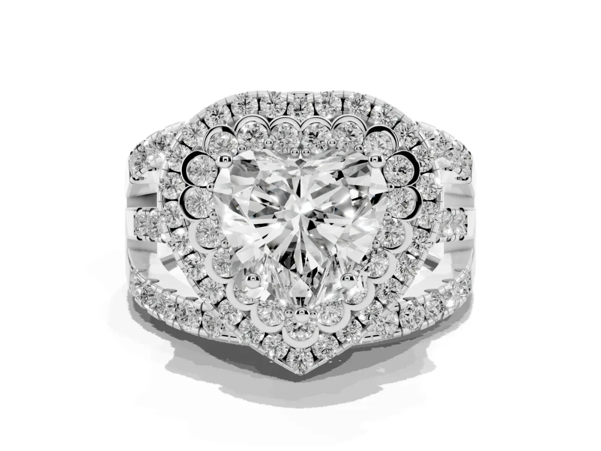 Heart Cut Diamond Double Halo Ring with Round Pavé Split Shank and Prong Setting Platinum