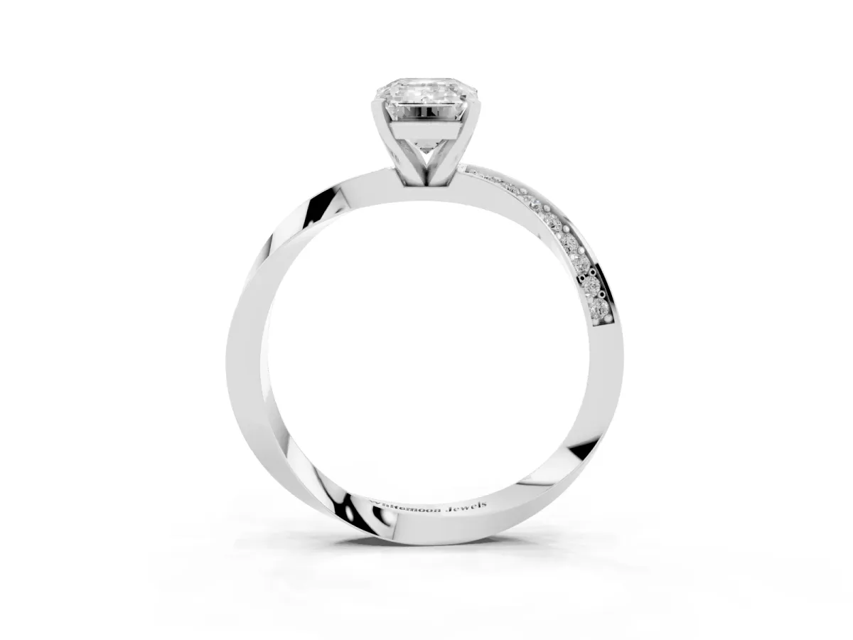Emerald Cut Diamond Engagement Ring with Side Stone Accents and Four-Prong Setting Silver
