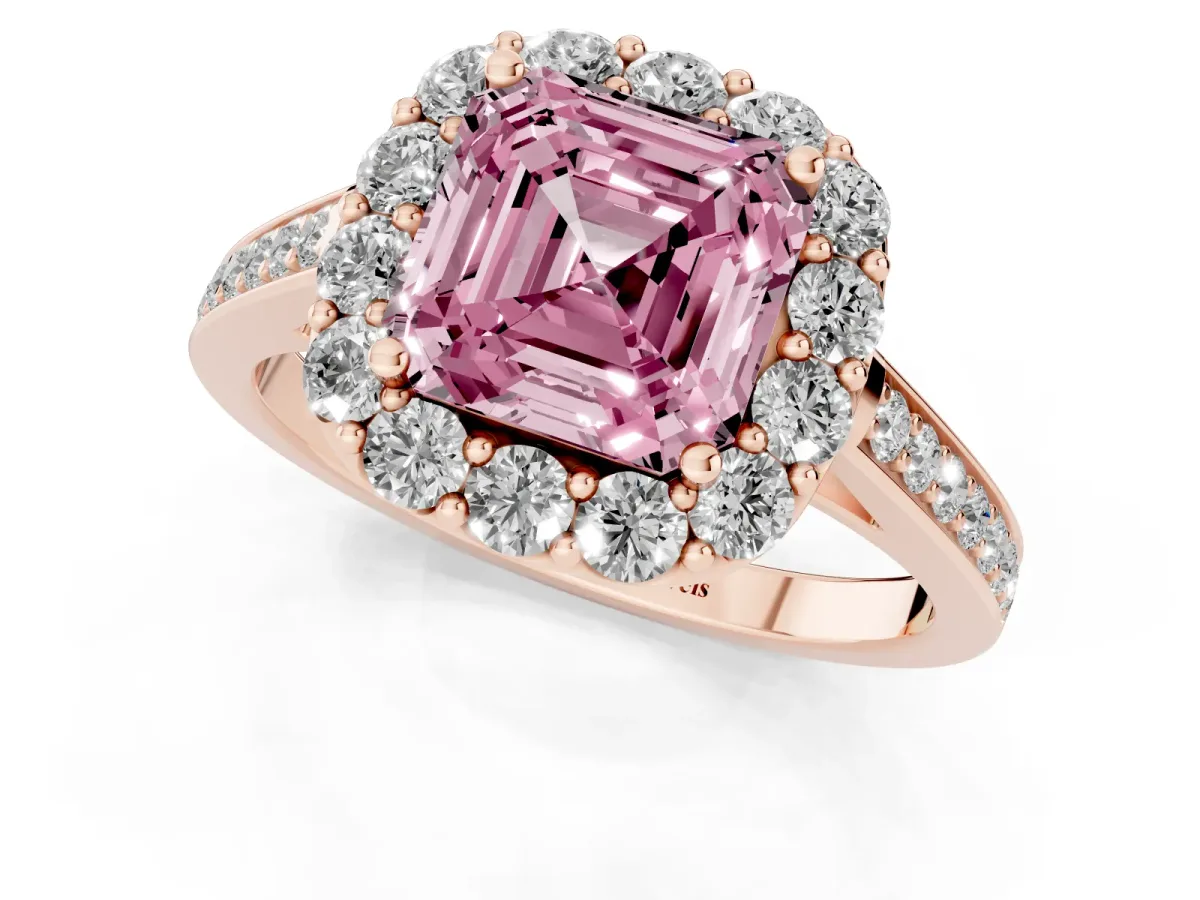 Fancy Pink Asscher Cut Diamond Floral Halo Ring with Pavé Band and Prong Setting Rose gold