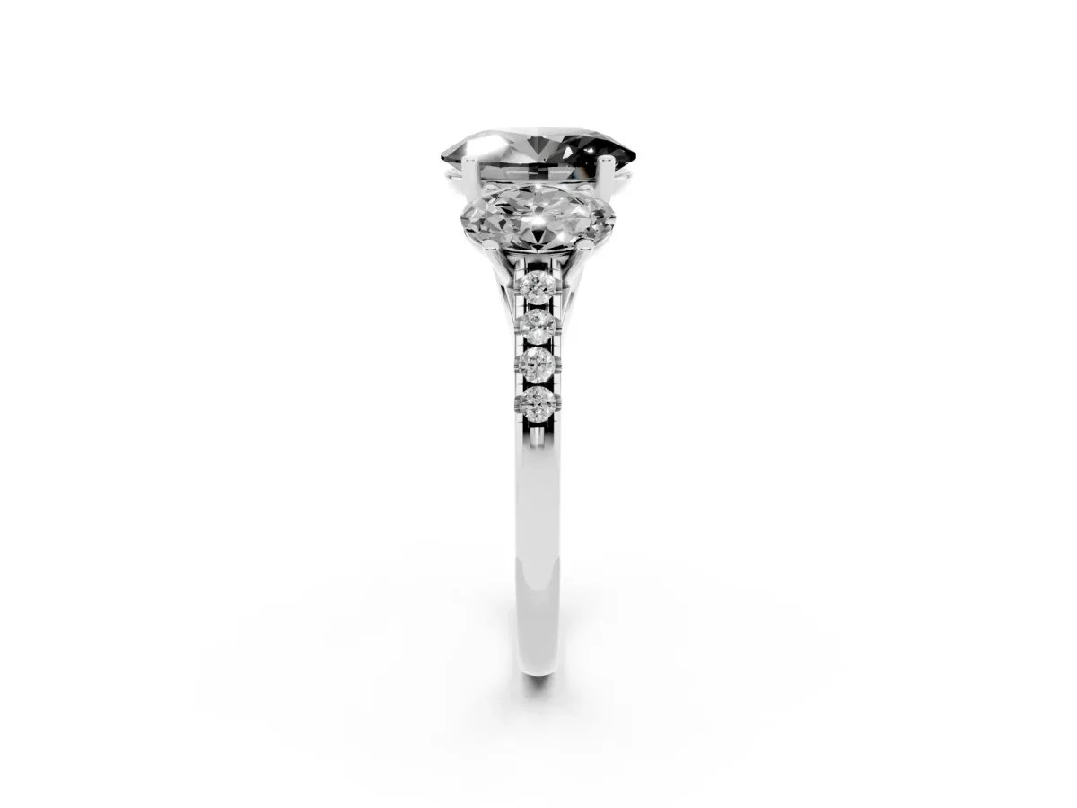 Fancy Black Three-Stone Oval Cut Diamond Ring with Round Pavé Band and Prong Setting Silver