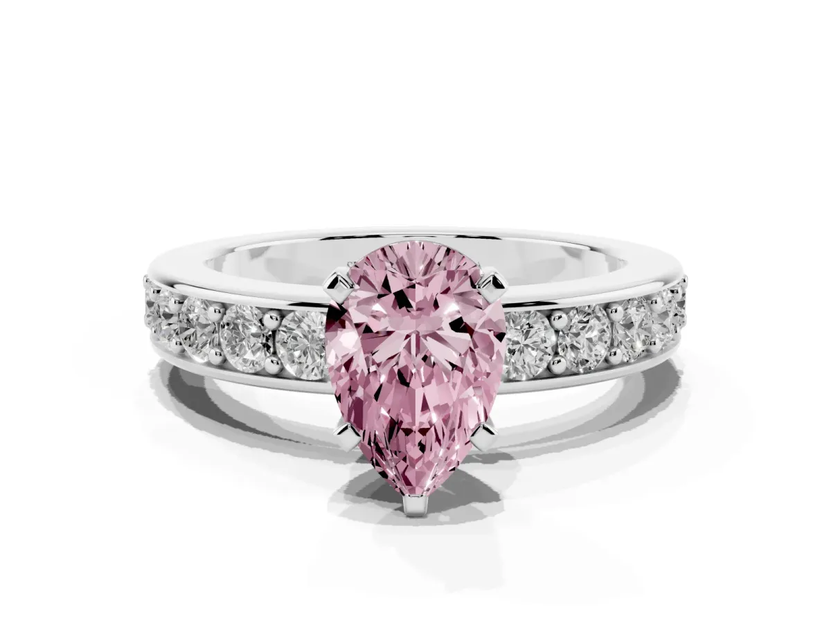Fancy Pink Pear Cut Diamond Engagement Ring with Channel Set Round Band and Prong Setting Silver