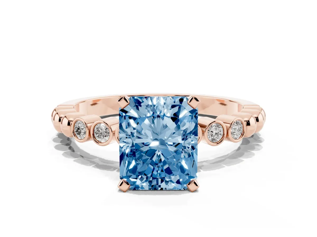 Fancy Blue Radiant Cut Solitaire Bezel Accent Diamond Engagement Ring with Beaded Band and Four-Prong Setting Rose gold