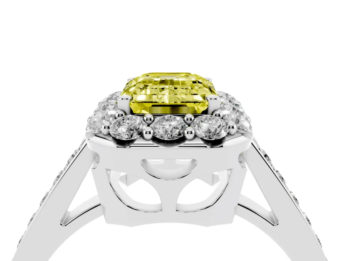 Fancy Yellow Emerald Cut Diamond Floral Halo Ring with Pavé Band and Prong Setting Silver