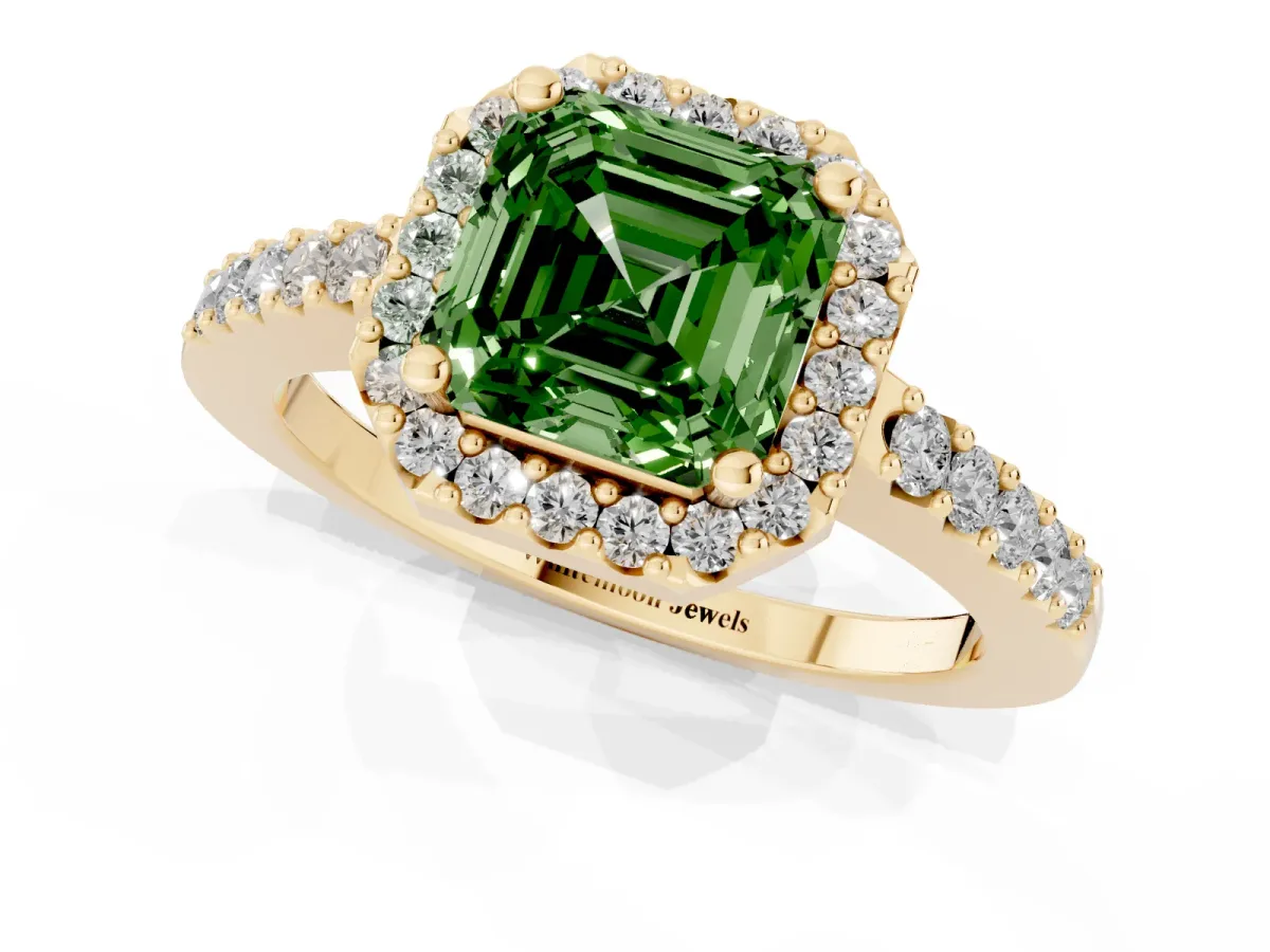 Fancy Green Asscher Cut Halo Diamond Pavé Solitaire Ring Yellow gold