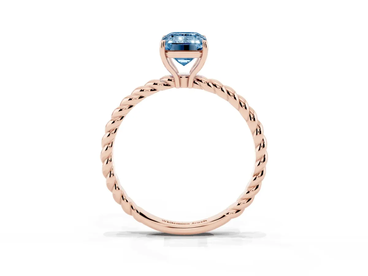 Fancy Blue Emerald Cut Solitaire Twisted Band 4-Prong Ring Rose gold