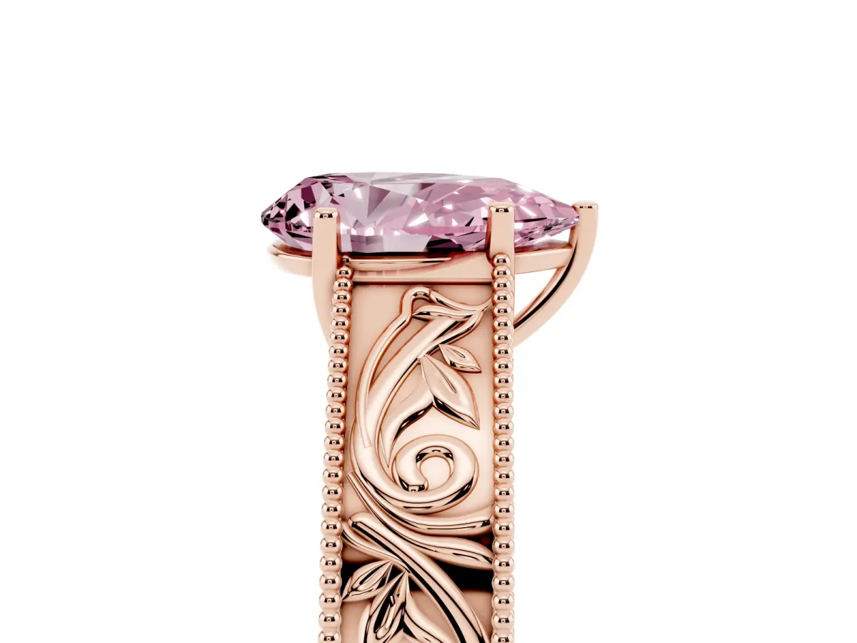 Fancy Pink Pear Cut Diamond Solitaire Ring with Engraved Band and Four-Prong Setting Rose gold