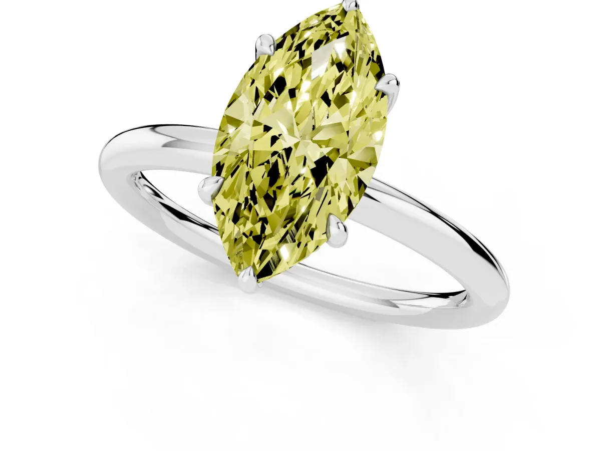 Fancy Yellow Marquise Cut Diamond Solitaire Ring with Thin Band and Four-Prong Setting Platinum