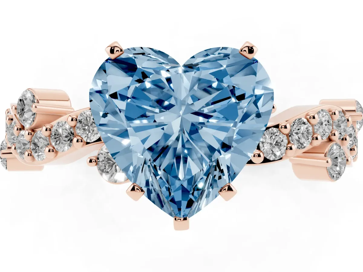 Fancy Blue Heart Cut Cut Solitaire Diamond Twisted Band with Pave Setting Rose gold