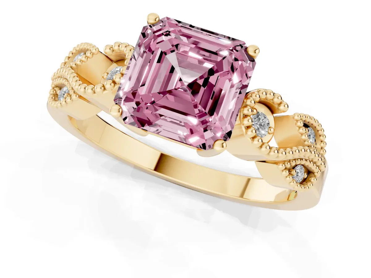 Fancy Pink Asscher Cut Solitaire Milgrain Leaf Band with Prong Setting Yellow gold