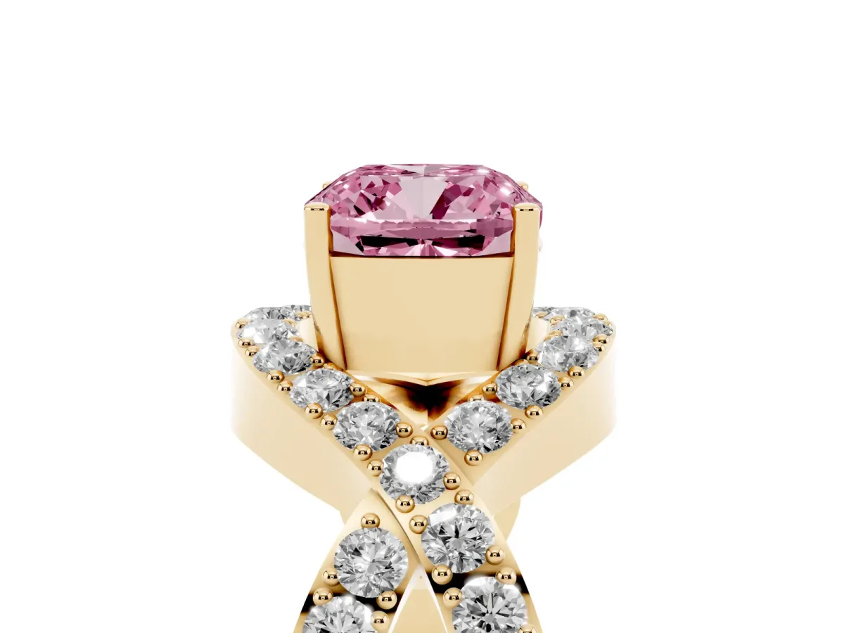 Fancy Pink Cushion Cut Solitaire Twist Band Pavé Diamond Engagement Ring Yellow gold